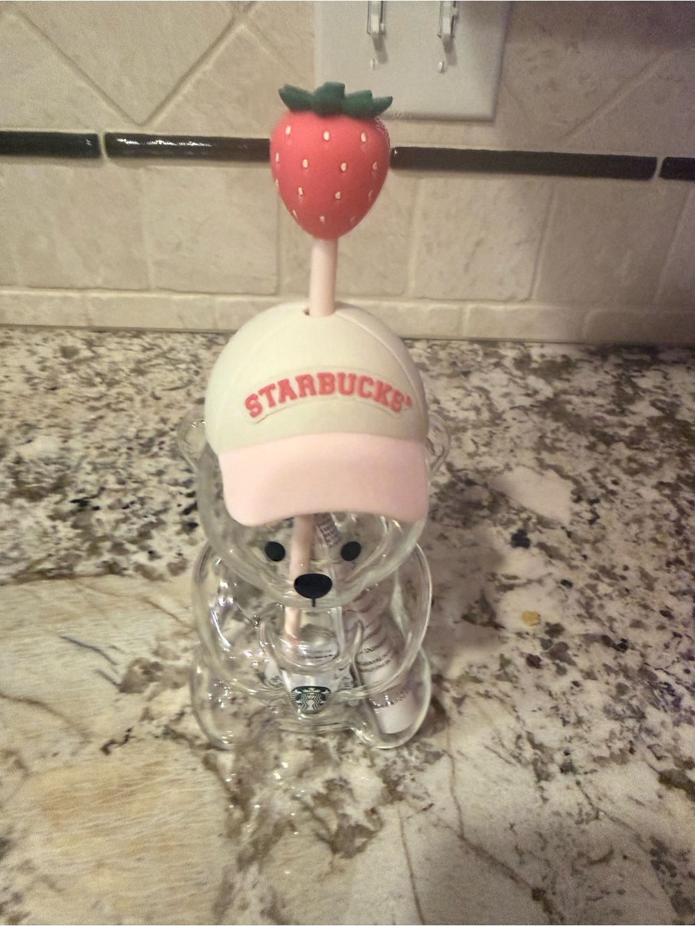 Starbucks Clear Bear Cup with Pink Hat and Strawberry Topper